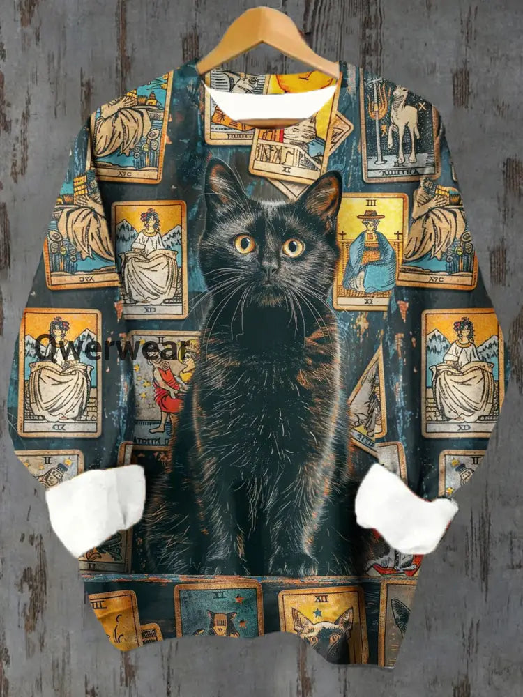 Unisex Cat Tarot Card Pattern Casual Round Neck Long Sleeve Sweatshirt Black / S