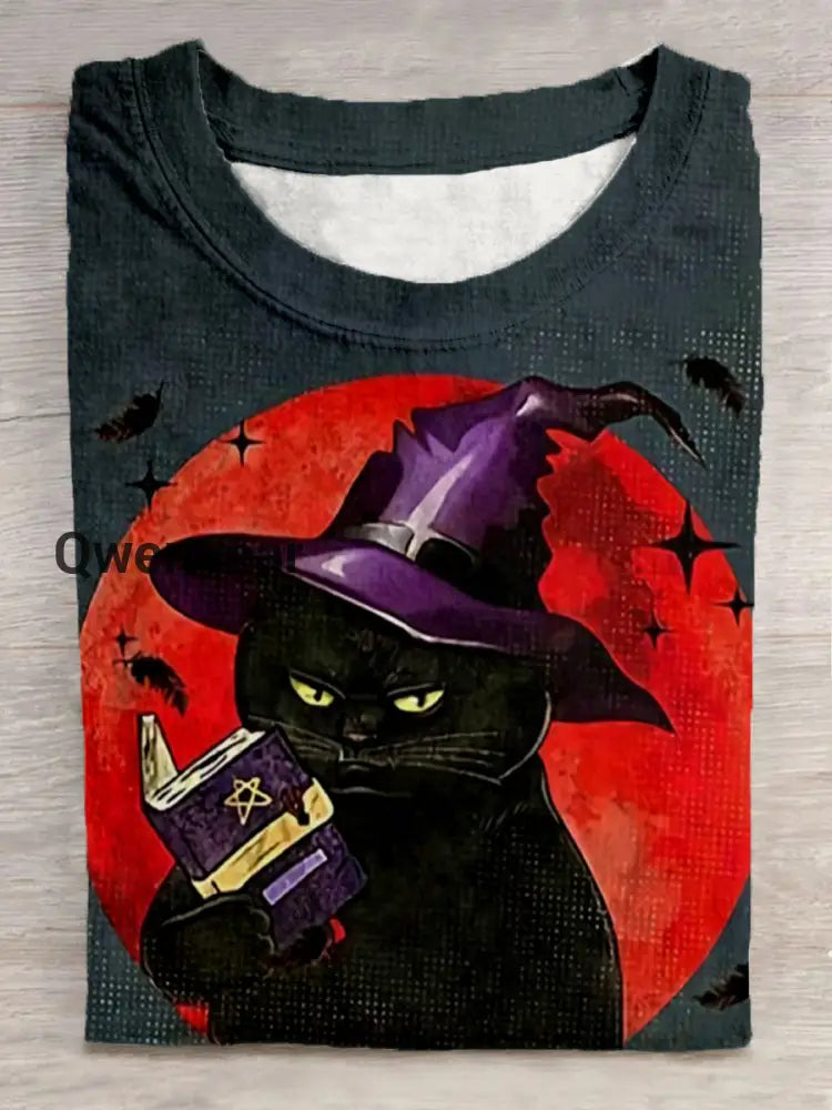 Unisex Cat Witch Magic Book Art Pattern Round Neck Short Sleeve Casual T-shirt Black / S