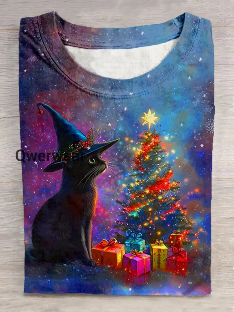 Unisex Christmas Cat Pattern Casual Round Neck Short Sleeve T-shirt Purple / S