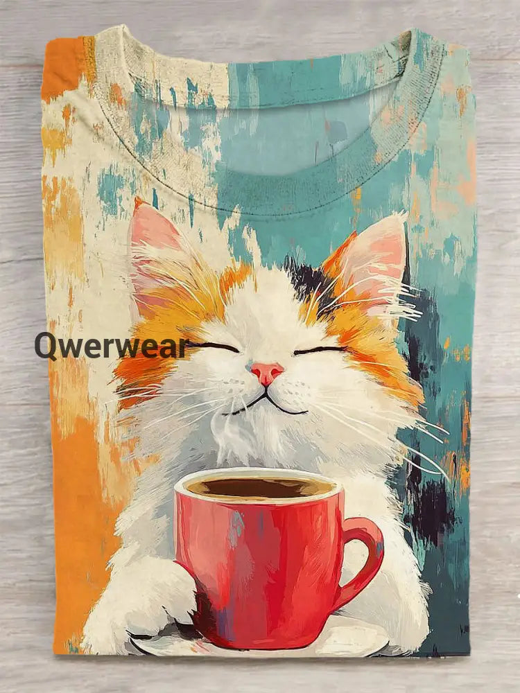 Unisex Cute Cat Printed Vintage Fashion Loose Short Sleeve T-Shirt Colorful / S