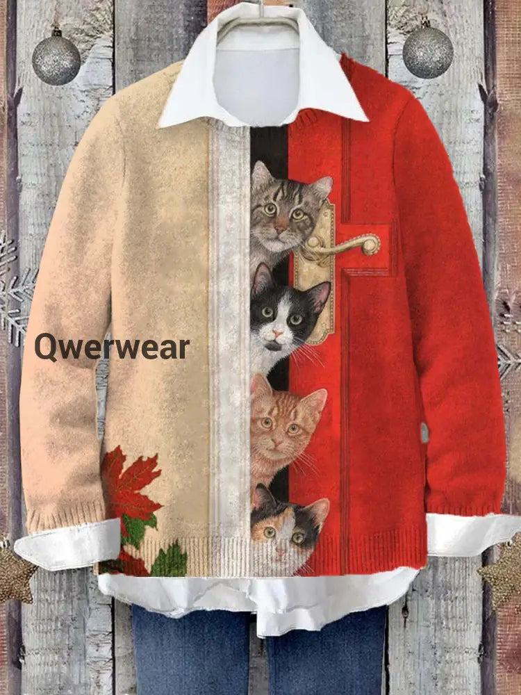 Unisex Fun Cat Contrast Pattern Casual Round Neck Knitted Sweater Red / S