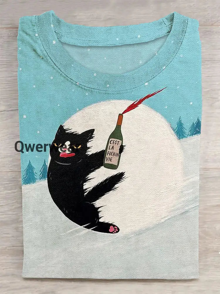 Unisex Funny Cat Printed Vintage Fashion Loose Short Sleeve T-Shirt Sky Blue / S