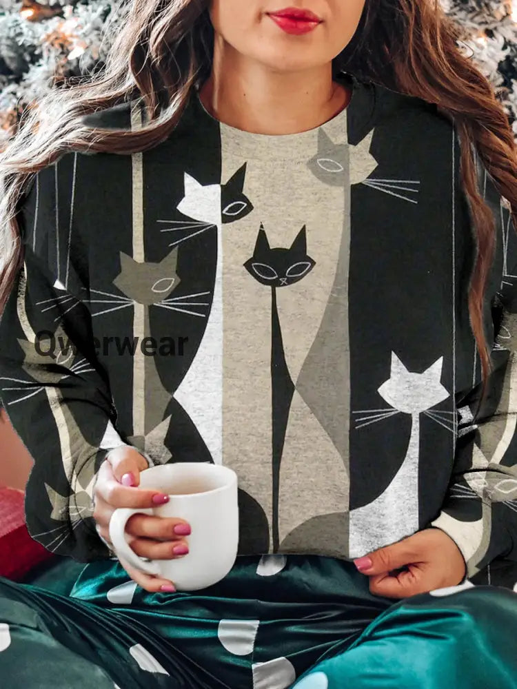 Unisex Geometric Cat Pattern Casual Crew Neck Sweatshirt Black / S