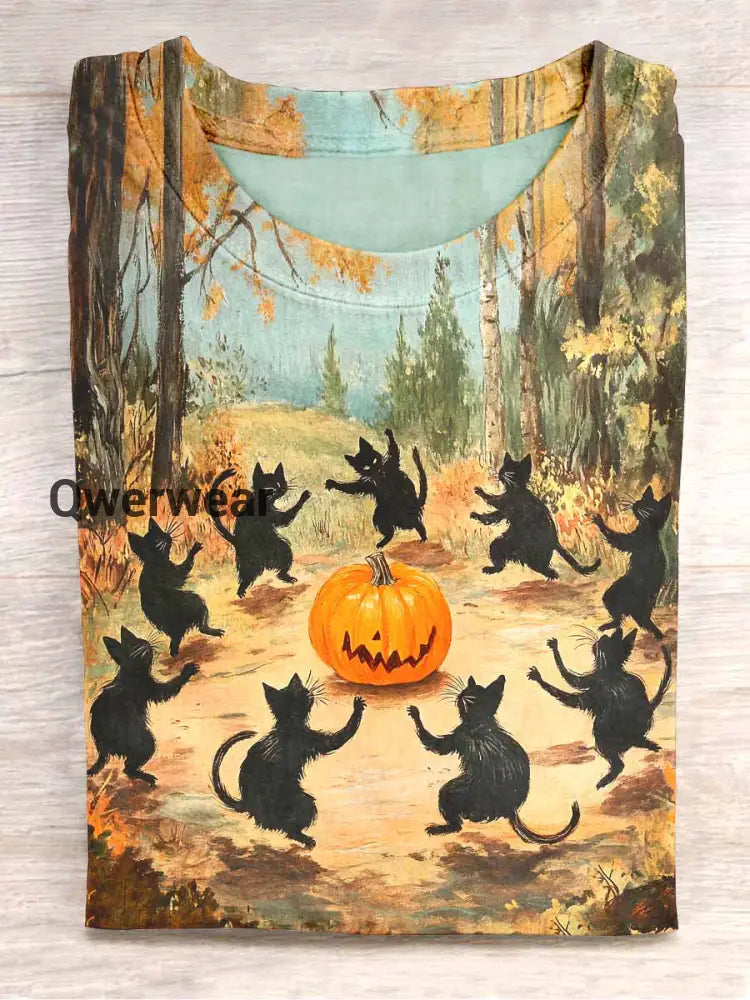 Unisex Halloween Black Cat Print Casual T-Shirt Blue / S