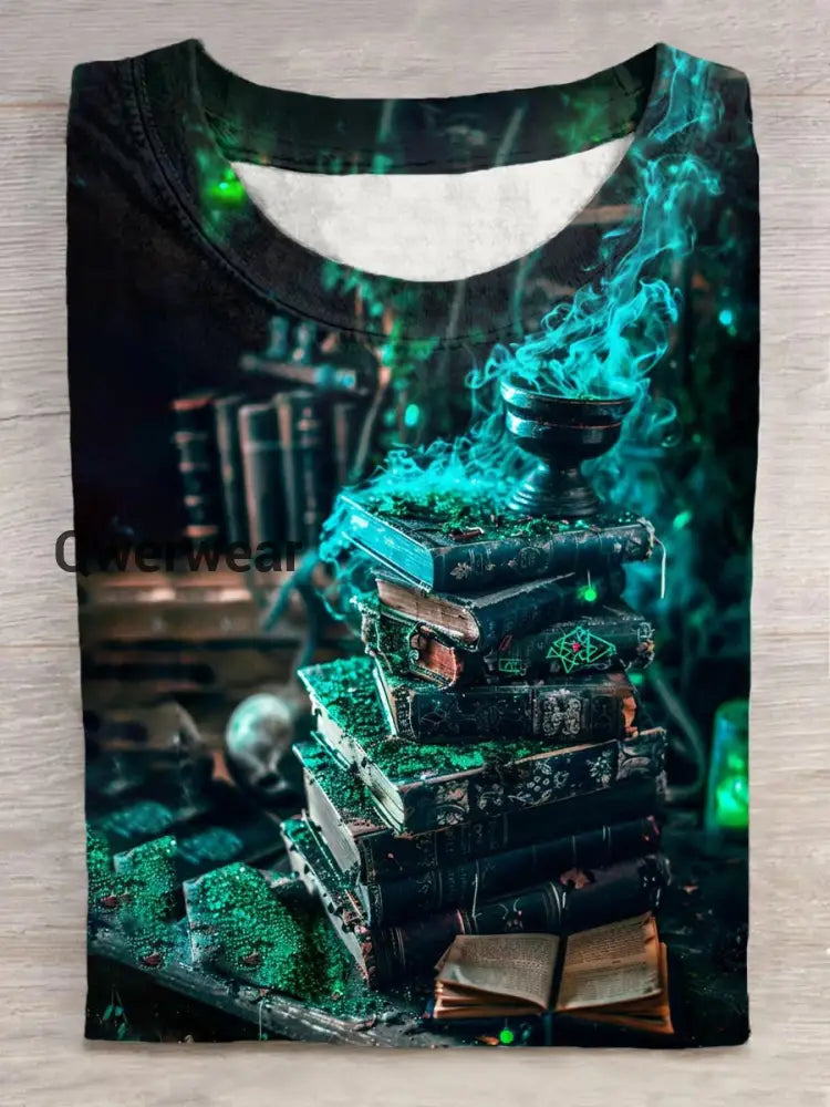 Unisex Magic Book Pattern Casual Round Neck Short Sleeve T-Shirt Blue-Green / S