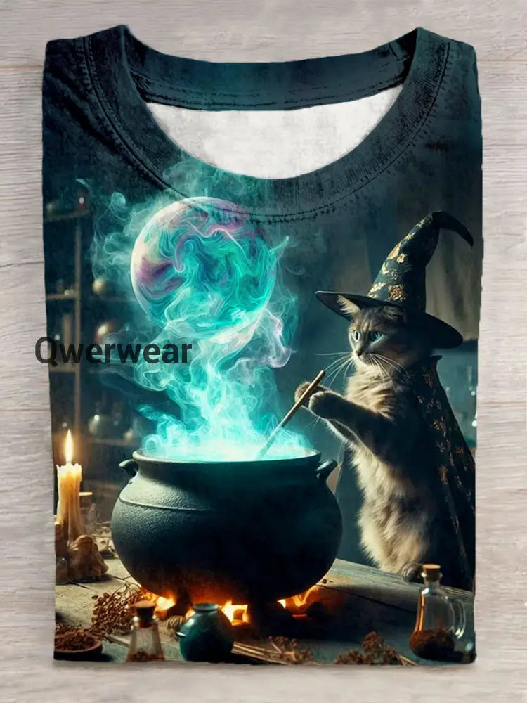 Unisex Magic Witch Cat Pattern Casual Round Neck Short Sleeve T-Shirt Blue / S