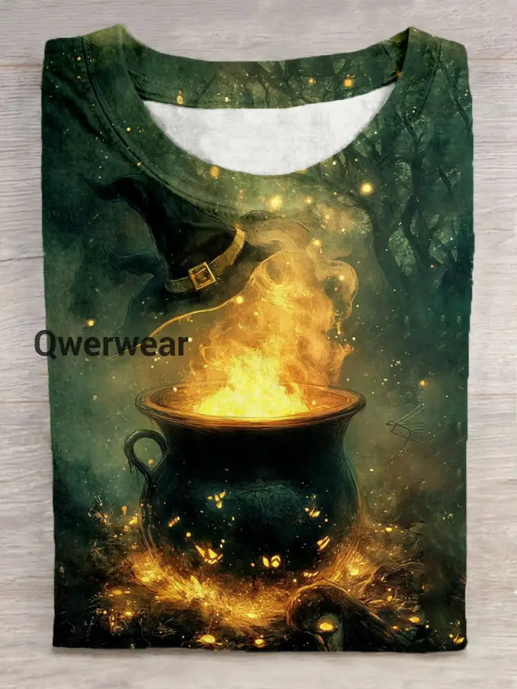 Unisex Magic Witch Hat Pattern Casual Round Neck Short Sleeve T-shirt Green / S