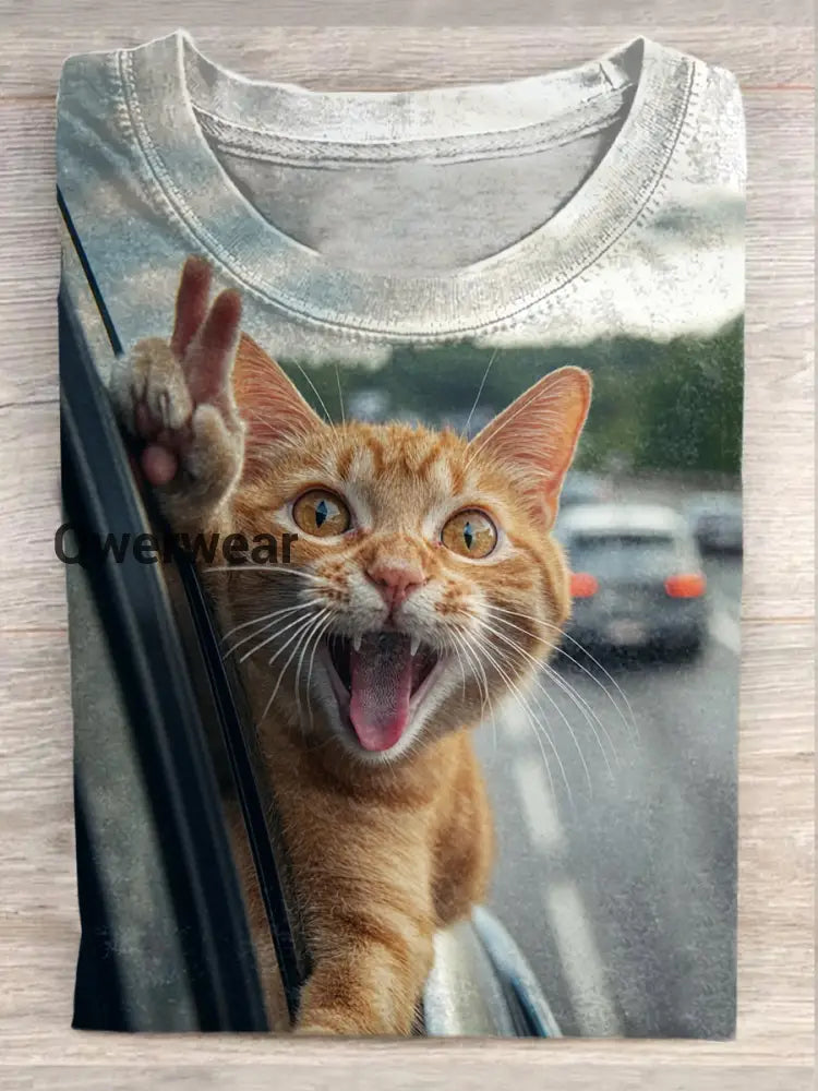 Unisex Retro Cat Fun Art Print Fashion Short Sleeve T-Shirt Tops A / S