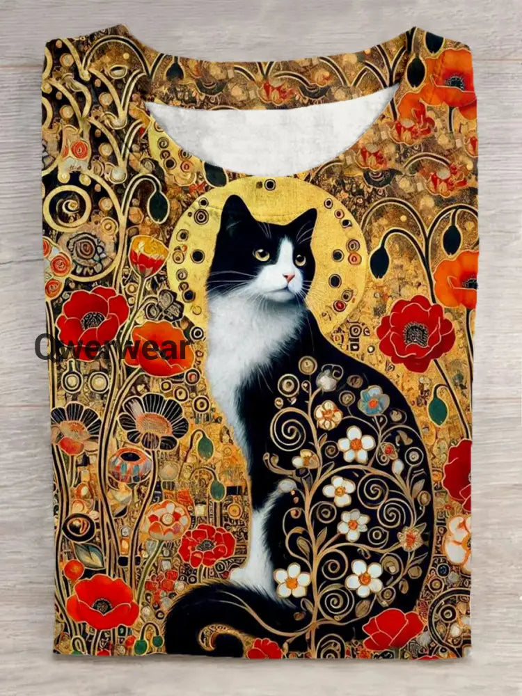 Unisex Retro Floral Cat Pattern Casual Round Neck Short Sleeve T-shirt Gold / S