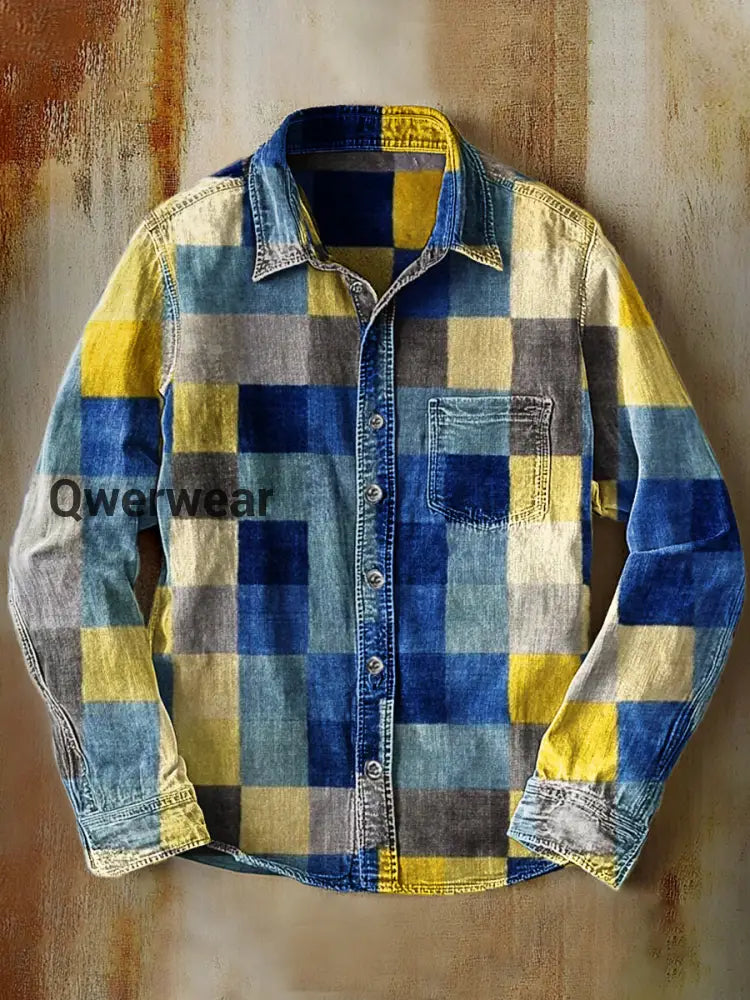 Unisex Simple Retro Fashion Colorful Art Print Lapel Long Sleeve Pocket Shirt A / S Mens shirts