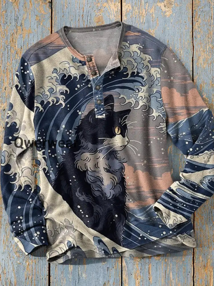 Unisex Simple Retro Ukiyo-e Western Colorful Art Print Long Sleeve Fashion Henley Shirt A / S