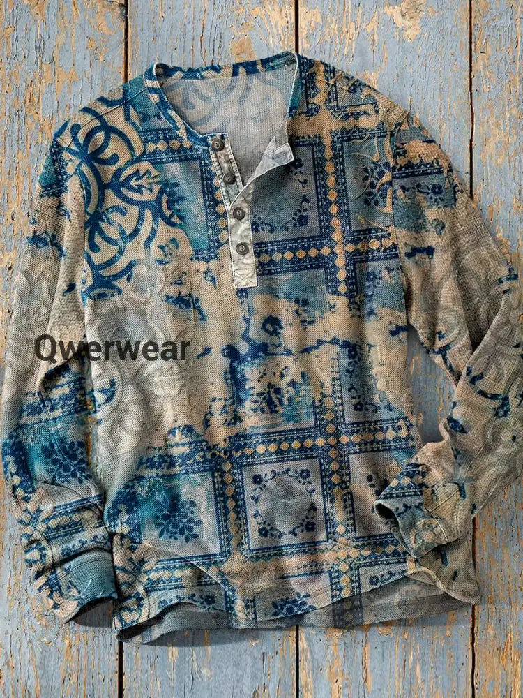 Unisex Simple Retro Western Colorful Art Print Long Sleeve Fashion Henley Shirt A / S