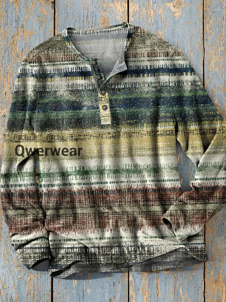 Unisex Simple Retro Western Colorful Art Print Long Sleeve Fashion Henley Shirt A / S