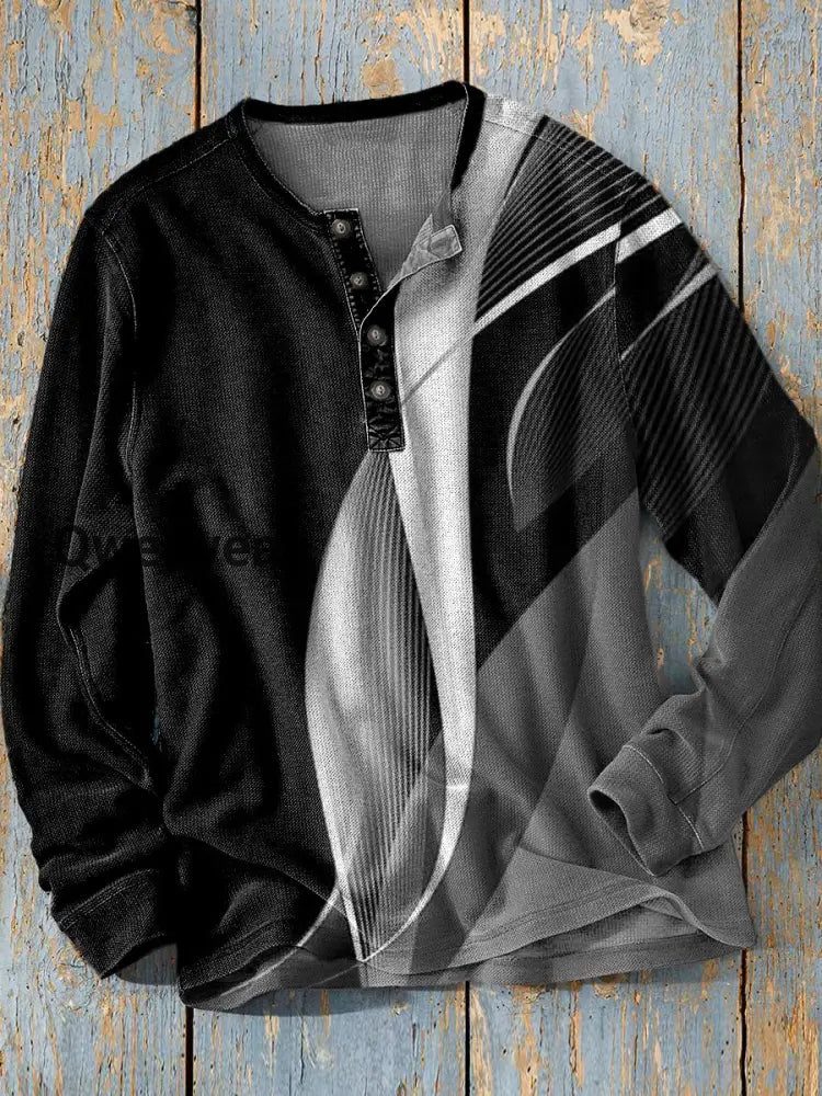 Unisex Simple Retro Western Colorful Art Print Long Sleeve Fashion Henley Shirt A / S