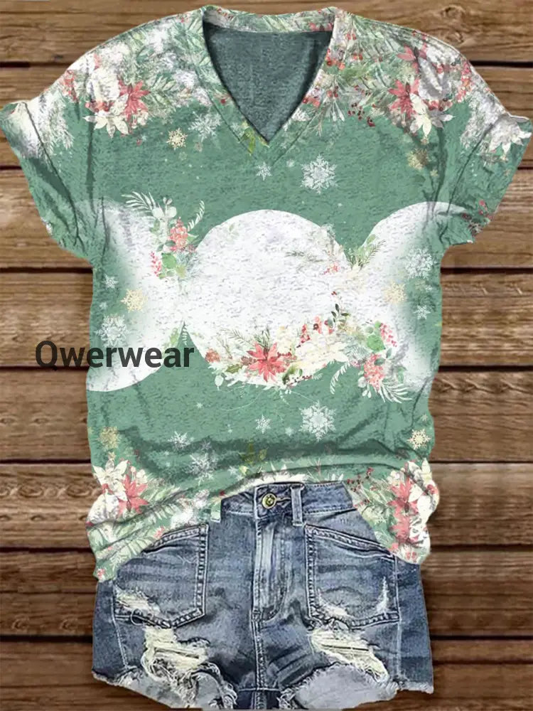 Unisex Sun Moon Flower Tarot Card Pattern Casual V Neck Short Sleeve T-shirt Green / S