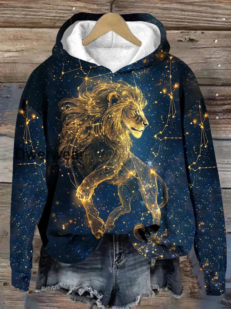 Unisex Tarot Astrology Leo Pattern Casual Hooded Sweatshirt Navy Blue / S
