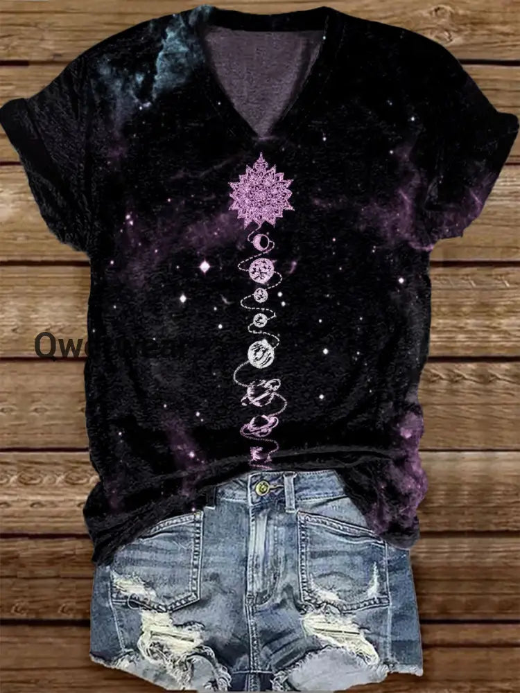 Unisex Tarot Card Astral Pattern Casual V-Neck Short Sleeve T-Shirt Black / S