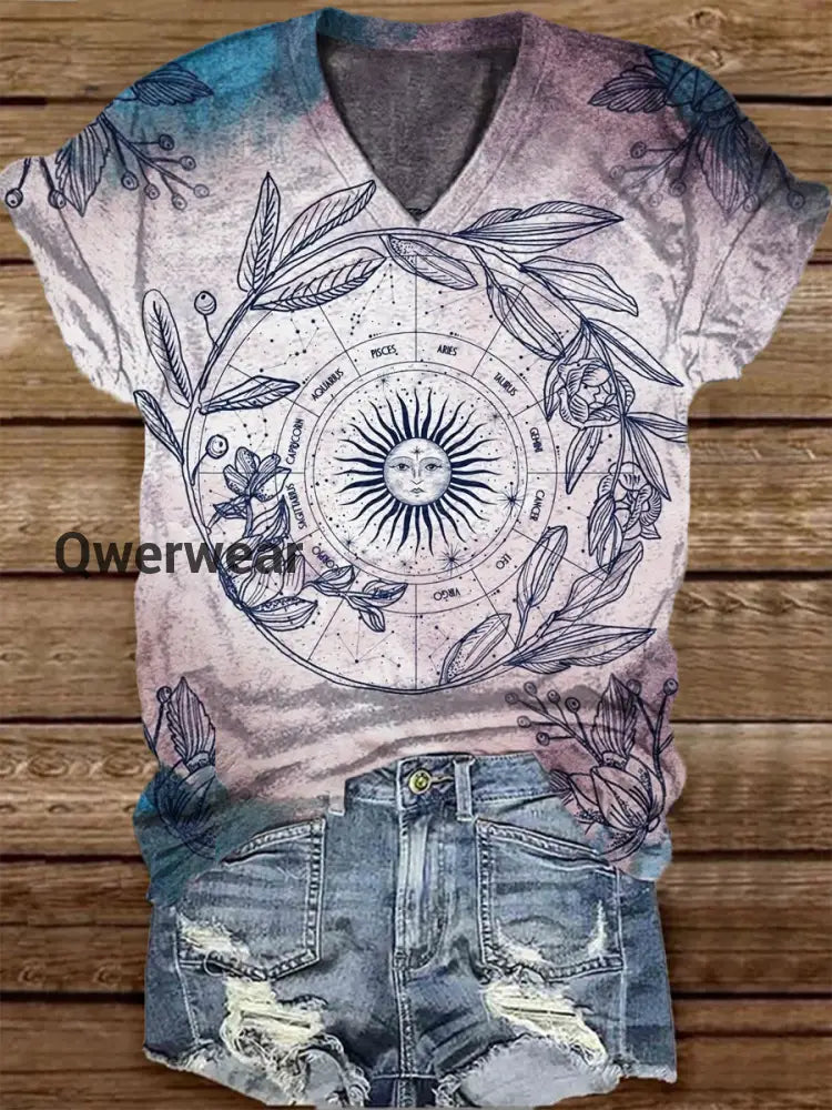 Unisex Tarot Card Astrolabe Pattern Casual V-Neck Short Sleeve T-Shirt Khaki / S