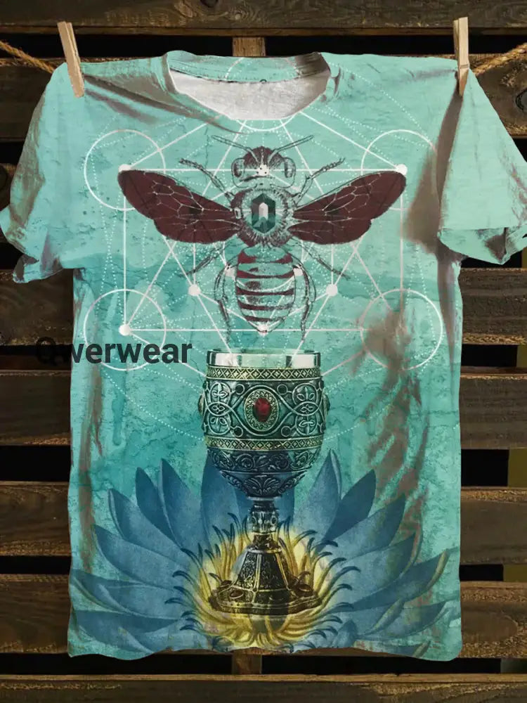 Unisex Tarot Card Bee Divination Pattern Casual Round Neck Short Sleeve T-Shirt Blue / S