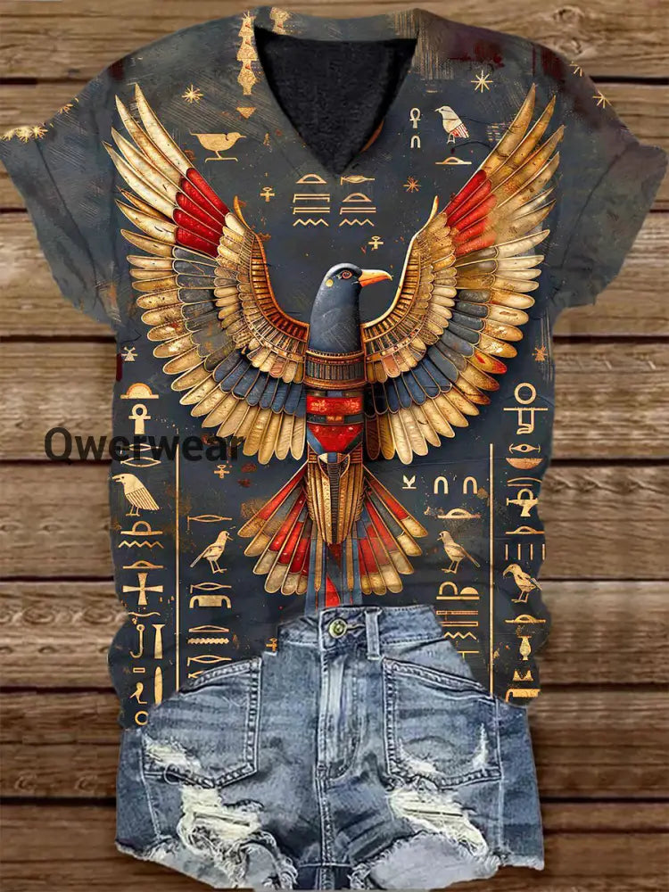 Unisex Tarot Card Divination Eagle Pattern Casual V-Neck Short Sleeve T-Shirt Gray / S