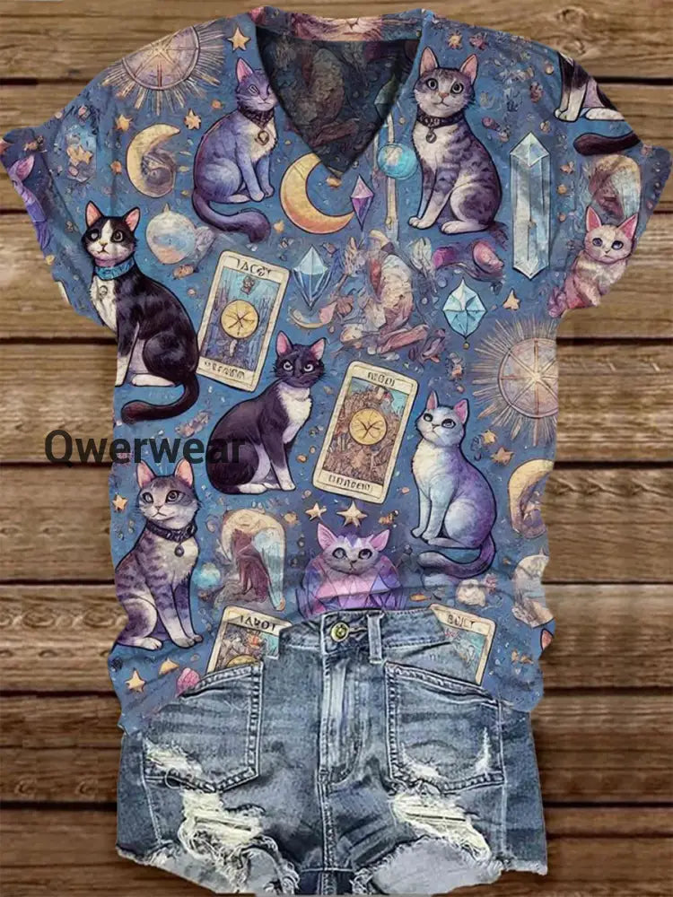 Unisex Tarot Card Divination Pattern Casual V-Neck Short Sleeve T-Shirt
