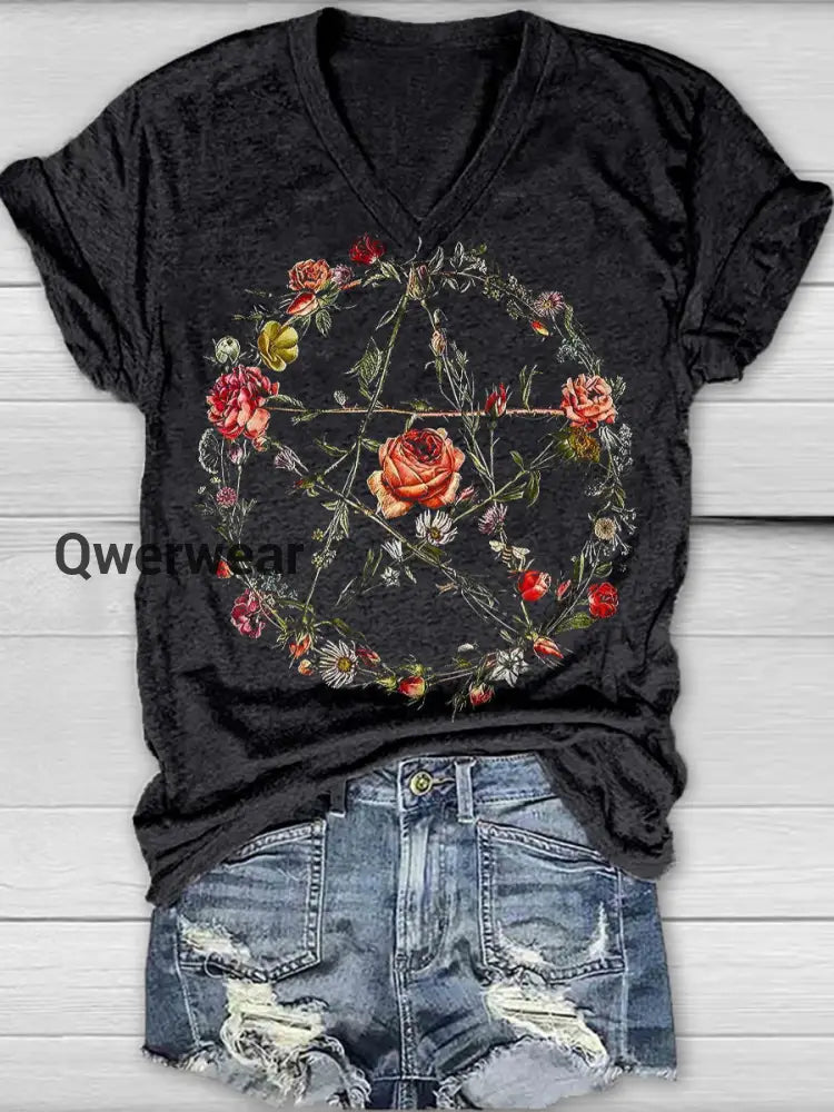 Unisex Tarot Card Divination Pattern Casual V-Neck Short Sleeve T-Shirt Black / S