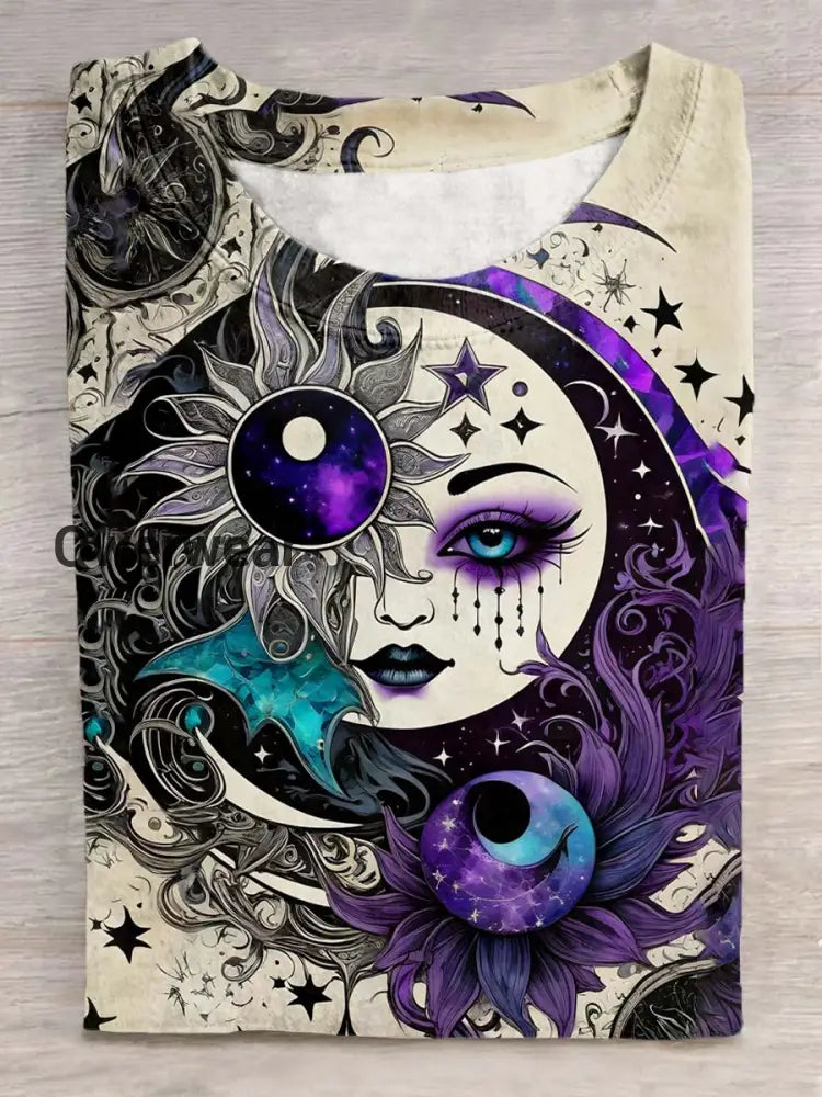 Unisex Tarot Card Pattern Casual Round Neck Short T-Shirt Purple / S