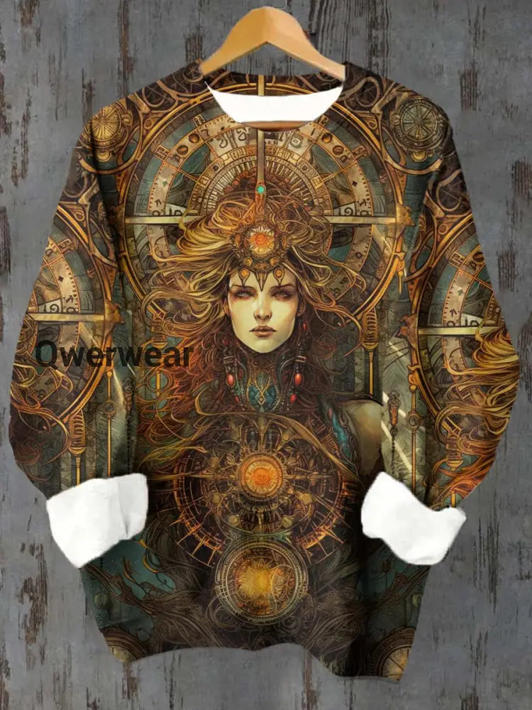 Unisex Tarot Card Queen Pattern Casual Crew Neck Sweatshirt Brown / S