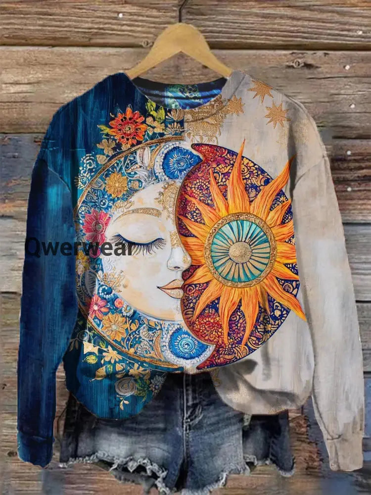 Unisex Tarot Card Sun and Moon Pattern Casual Round Neck Sweatshirt