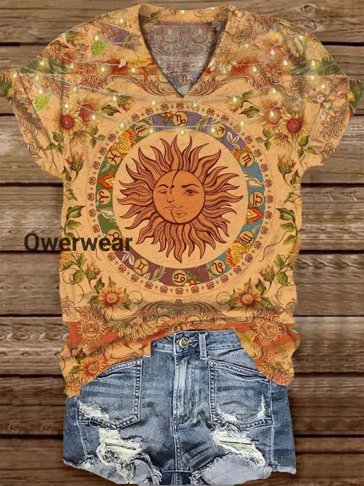 Unisex Tarot Card Sun And Moon Pattern Casual V-Neck Short Sleeve T-Shirt Yellow / S