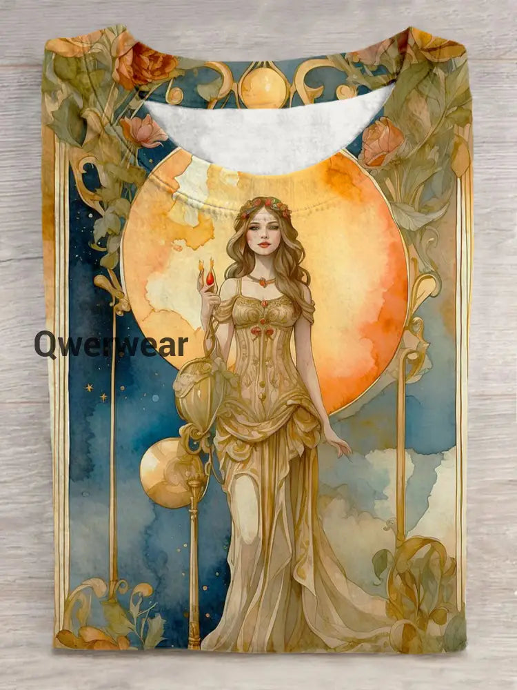 Unisex Tarot Card Sun Goddess Pattern Casual Round Neck Short Sleeve T-shirt Blue / S