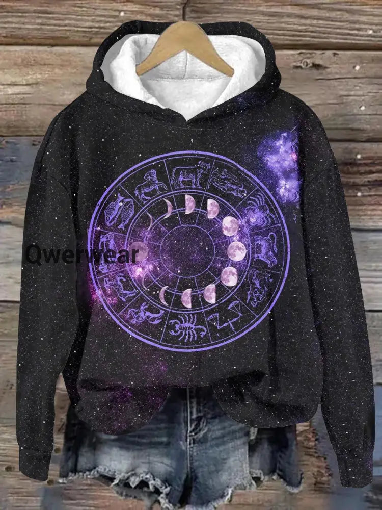 Unisex Tarot card zodiac pattern casual hooded sweatshirt Black / S