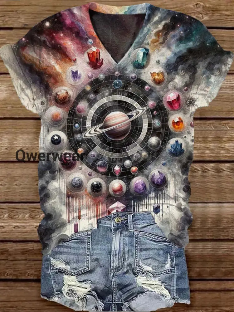 Unisex Tarot Celestial Astrolabe Pattern Casual Round Neck Short Sleeve T-shirt Gray / S