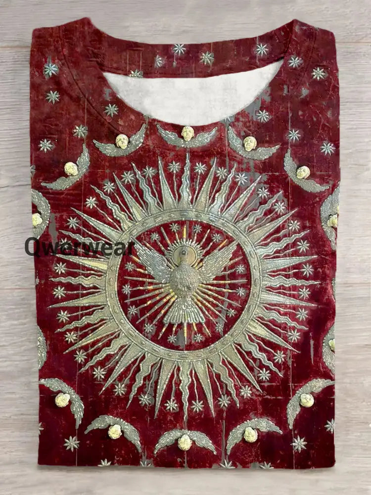 Unisex Tarot Renaissance Sun Eagle Pattern Casual Crew Neck Short T-shirt Wine Red / S