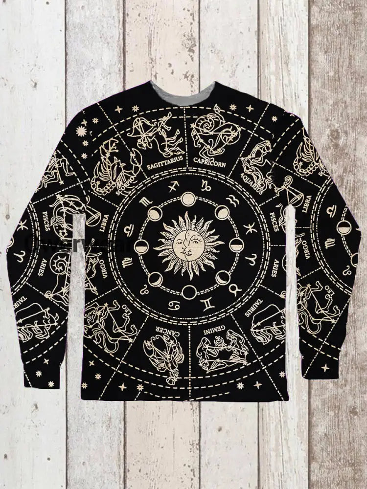 Unisex Tarot Sun and Moon Pattern Casual Crew Neck Long Sleeve T-shirt Black / S