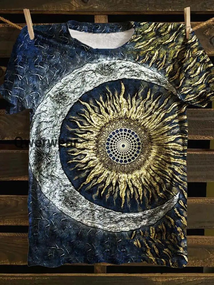 Unisex Tarot Sun and Moon Pattern Casual Round Neck Short Sleeve T-shirt Navy Blue / S