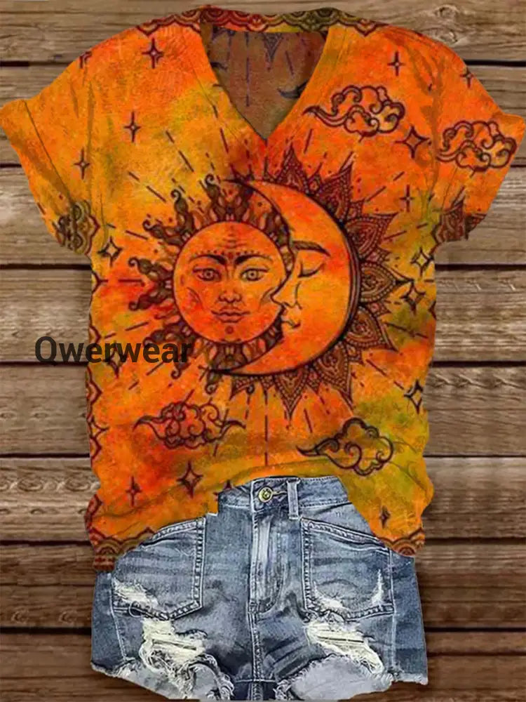 Unisex Tarot Sun and Moon Pattern Casual Round Neck Short Sleeve T-shirt Orange / S