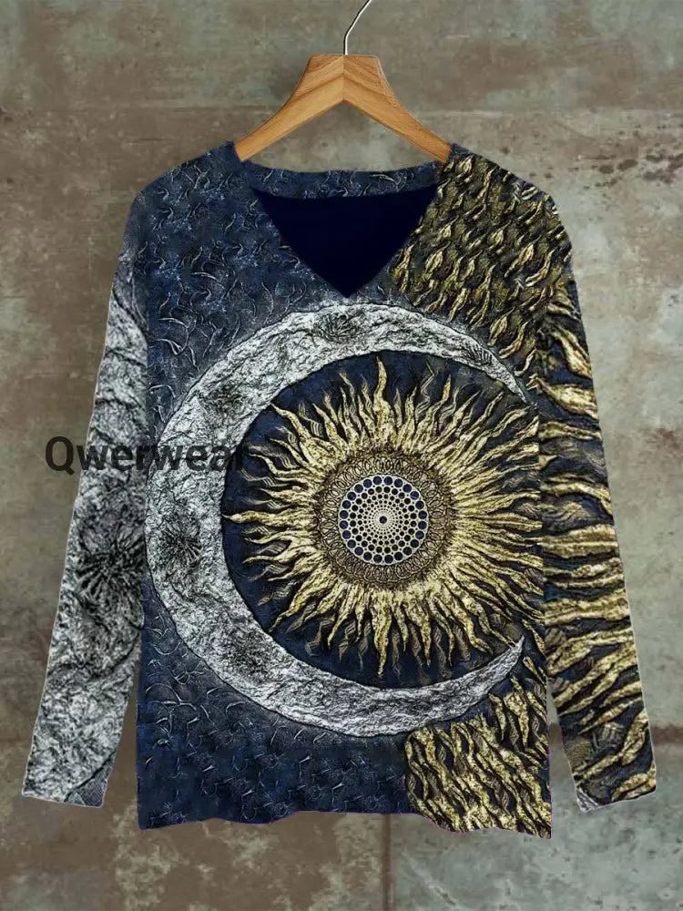 Unisex Tarot Sun And Moon Pattern Casual V-Neck Long Sleeve T-shirt Navy Blue / S
