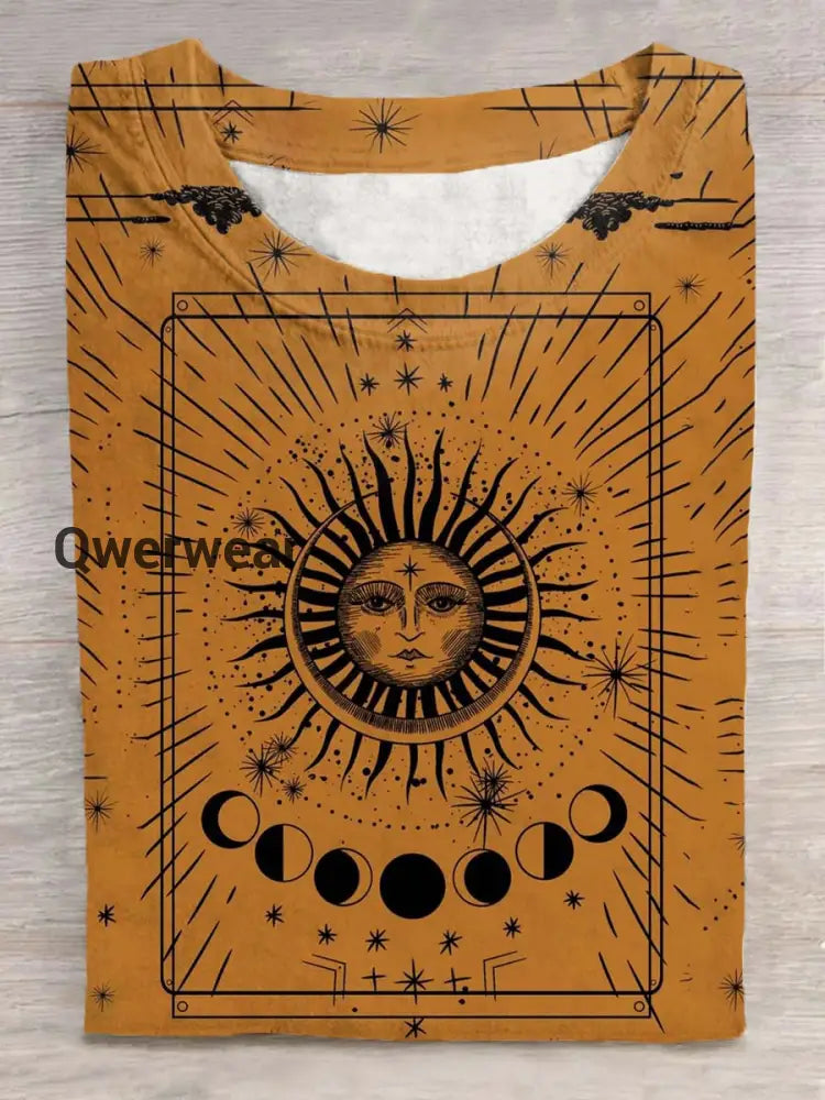 Unisex Tarot Sun Pattern Casual Round Neck Short T-Shirt Khaki / S