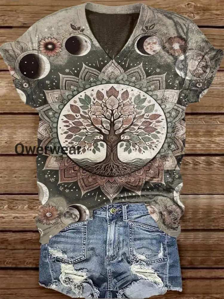 Unisex Tarot Tree Of Life Pattern Casual V-Neck Short Sleeve T-Shirt Green-Gray / S