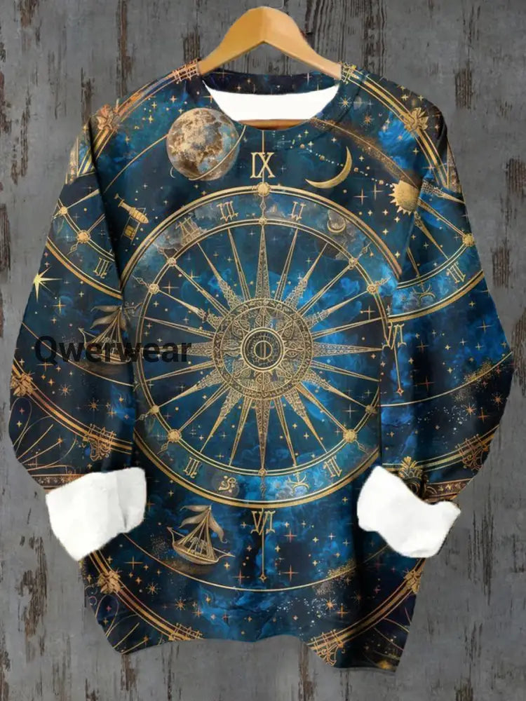 Unisex Tarot Wheel of Life Pattern Casual Round Neck Long Sleeve Sweatshirt Blue / S