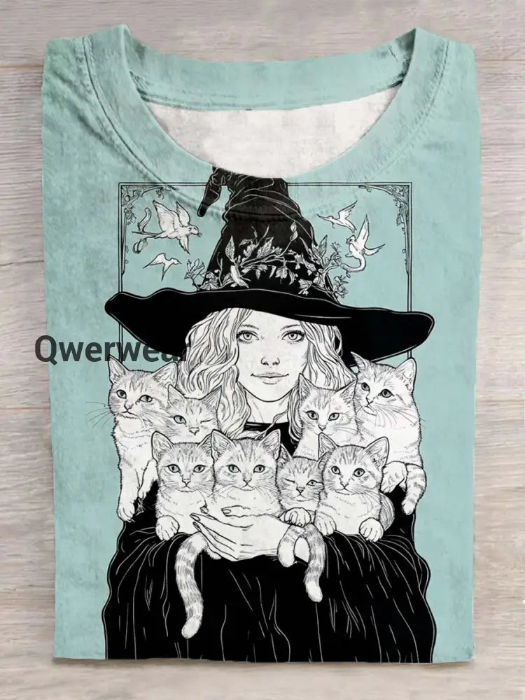 Unisex Tarot Witch Cat Pattern Casual Round Neck Short T-Shirt Light Blue / S