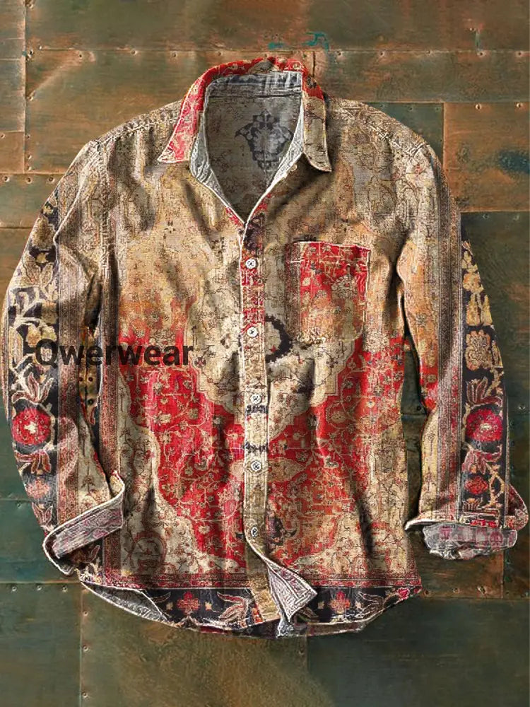 Unisex Vintage Ethnic Gradient Geometric Floral Art Print Lapel Long Sleeve Pocket Shirt Colorful / S Mens shirts