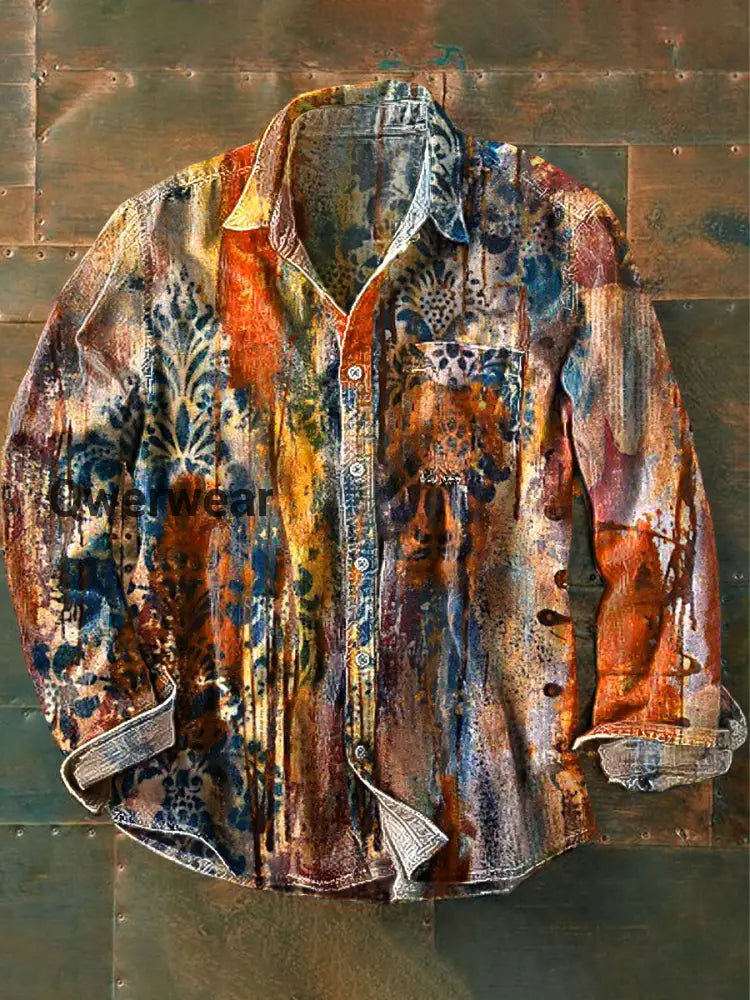 Unisex Vintage Oil Painting Pattern Printed Cotton Lapel Long Sleeve Pocket Shirt Colorful / S Mens shirts