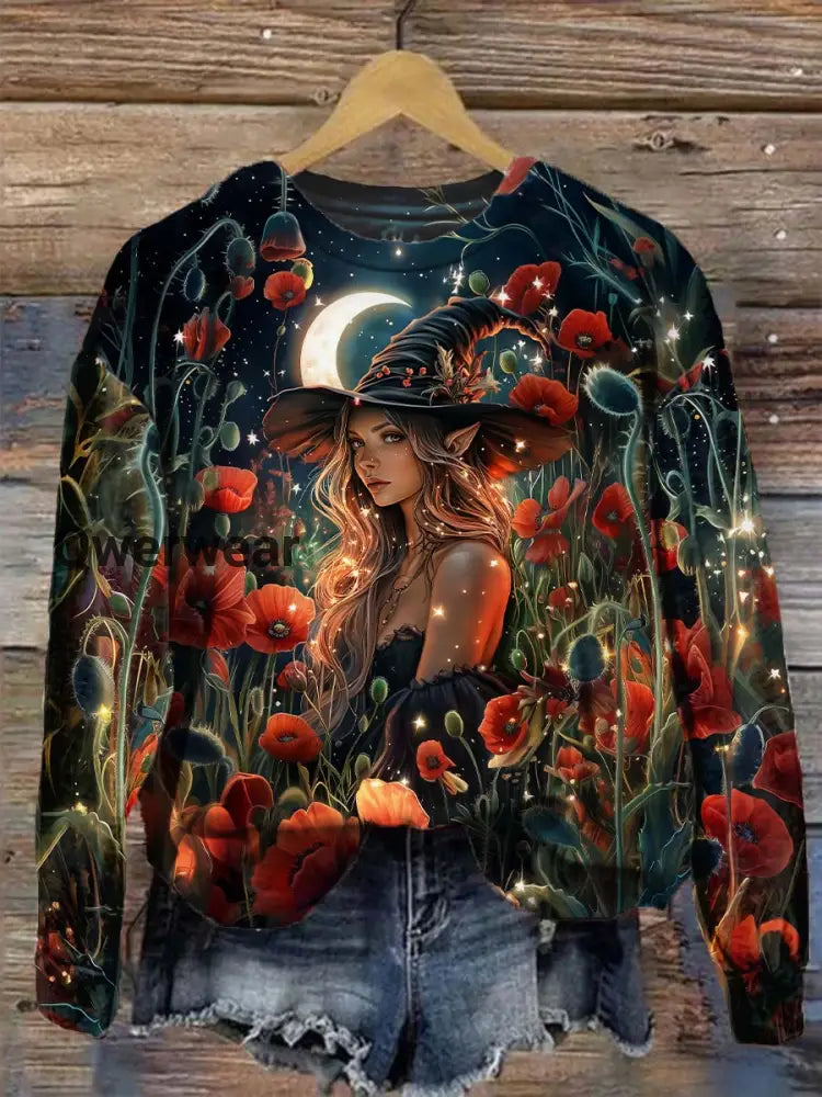 Unisex Witch Floral Pattern Casual Crew Neck Long Sleeve Sweatshirt Black / S