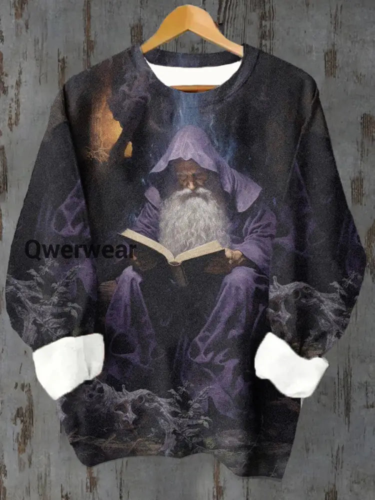 Unisex Wizard Book Pattern Casual Crew Neck Sweatshirt Purple / S