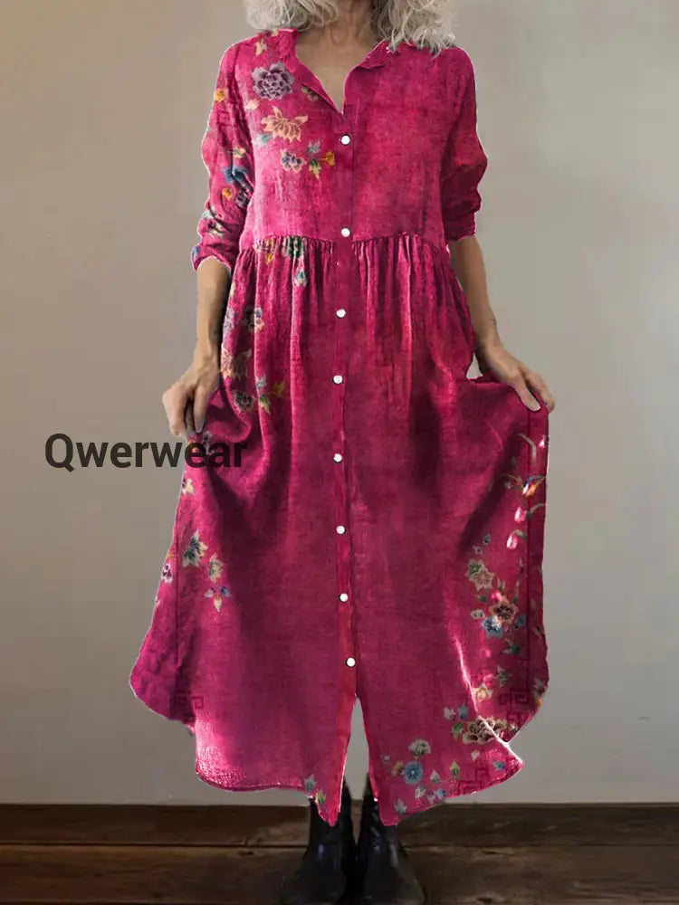 Vintage Bohemian Floral Art Print Chic V Neck Three Quarter Sleeve Button Elegant Midi Dress A / S