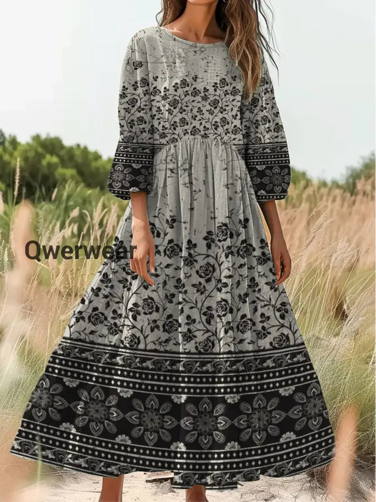 Vintage Bohemian Floral Print Elegant Chic Loose Midi Dress-DR-F-125 A / S