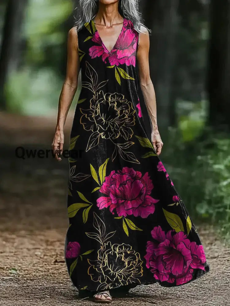 Vintage Bohemian Floral Print Elegant Chic Loose Midi Dress-DR-F-139 A / S