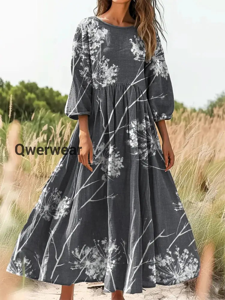 Vintage Bohemian Floral Print Elegant Chic Loose Midi Dress-DR-F-244